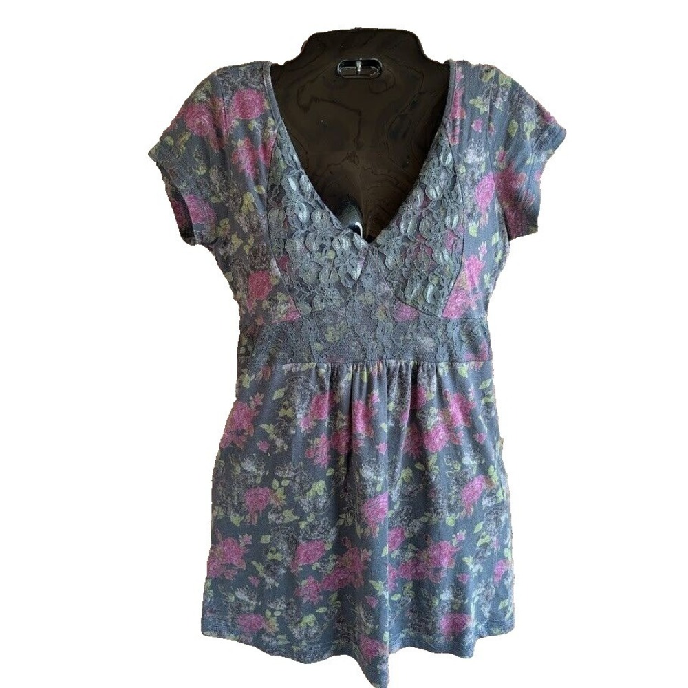 Babydoll Womens Top L Floral Babydoll Tie Back Lace Deep V Coquette 90s Y2K Cute